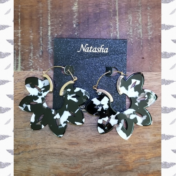 Natasha Black & White Floral Hoop Earrings - Picture 1 of 2